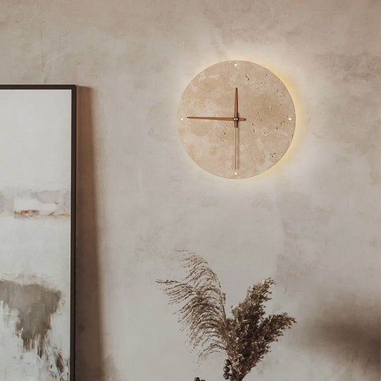 Modern Minimalist Round Clock Yellow Travertine Wood LED Wall Sconce Lamp For Living Room Cuvalon