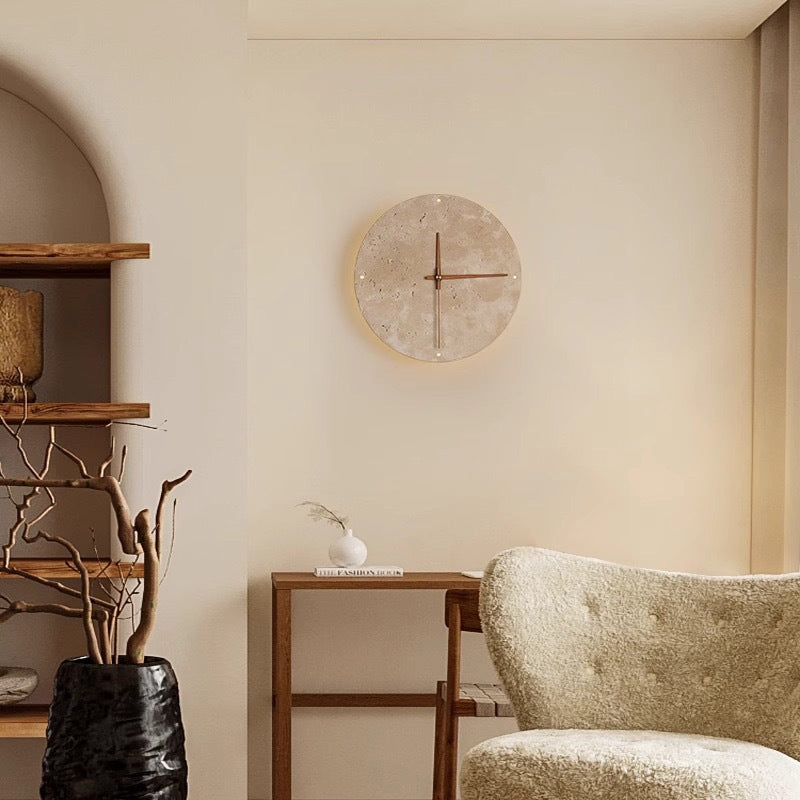 Modern Minimalist Round Clock Yellow Travertine Wood LED Wall Sconce Lamp For Living Room Cuvalon