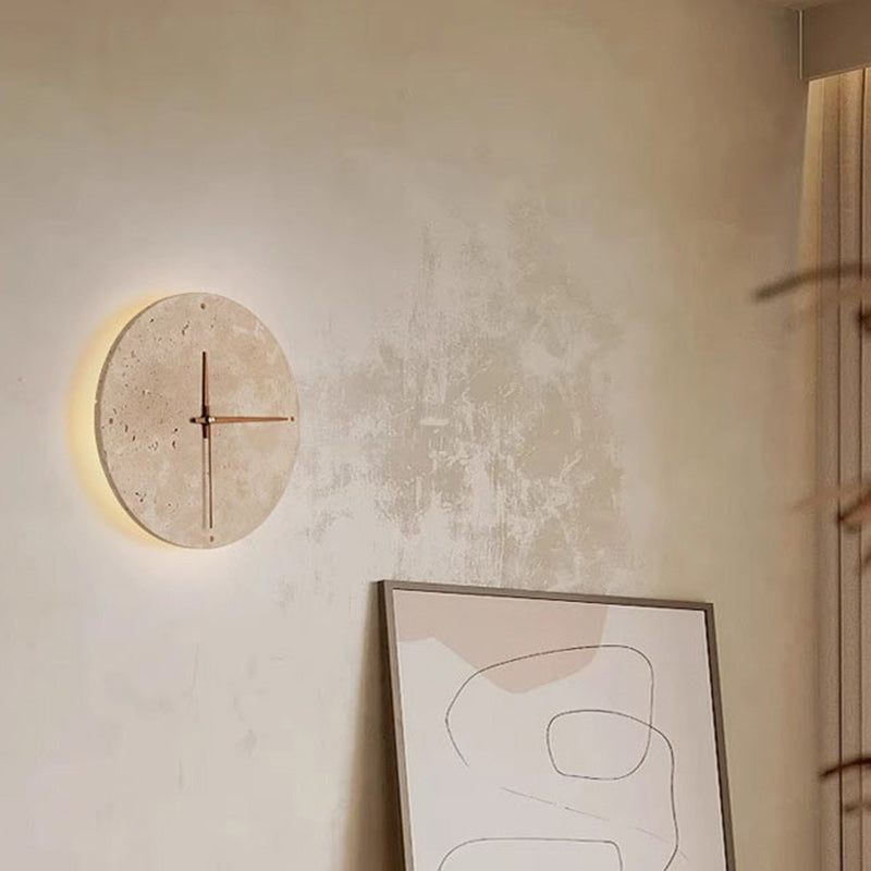 Modern Minimalist Round Clock Yellow Travertine Wood LED Wall Sconce Lamp For Living Room Cuvalon