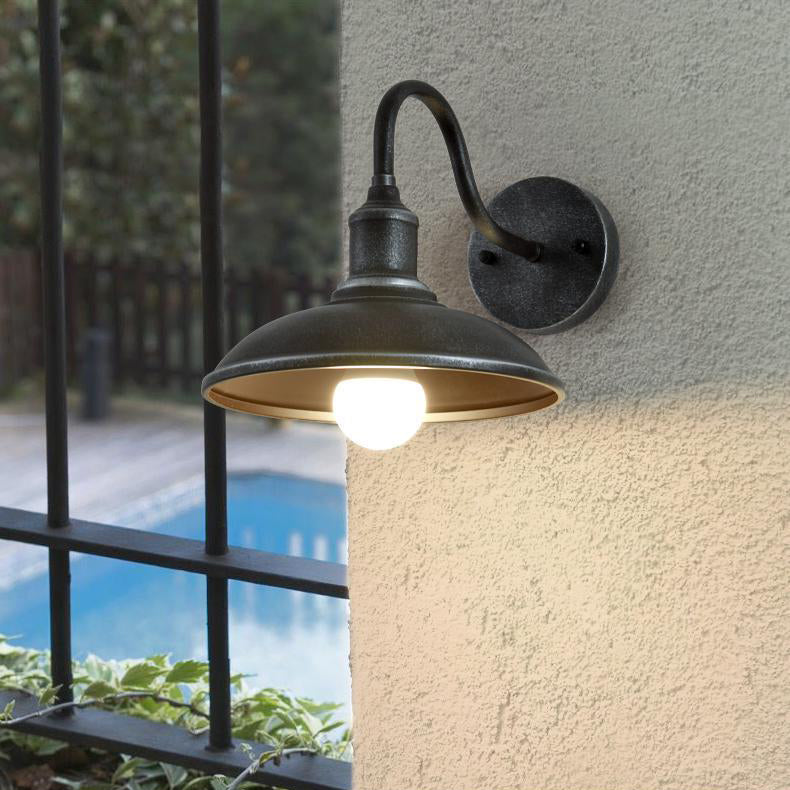 Contemporary Industrial Round Pot Lid Shape Curved Rod Iron Shade 1-Light Wall Sconce Lamp For Outdoor Patio Cuvalon