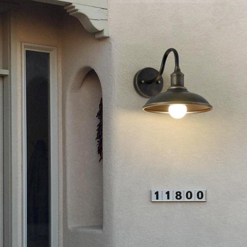Contemporary Industrial Round Pot Lid Shape Curved Rod Iron Shade 1-Light Wall Sconce Lamp For Outdoor Patio Cuvalon