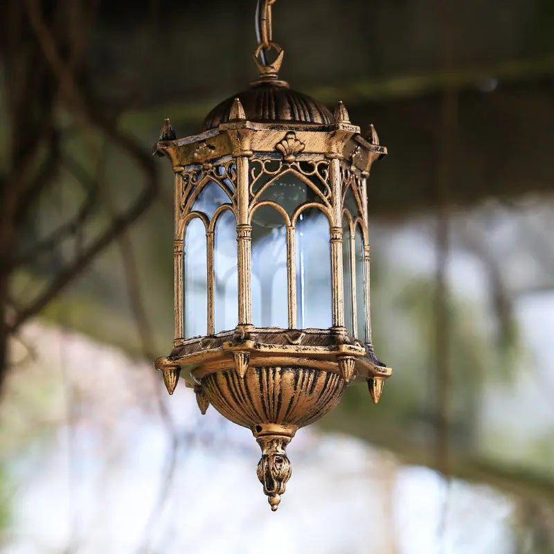 Traditional Vintage Waterproof Hexagonal Column Palace Aluminum Acrylic 1-Light Pendant Light For Outdoor Patio Cuvalon