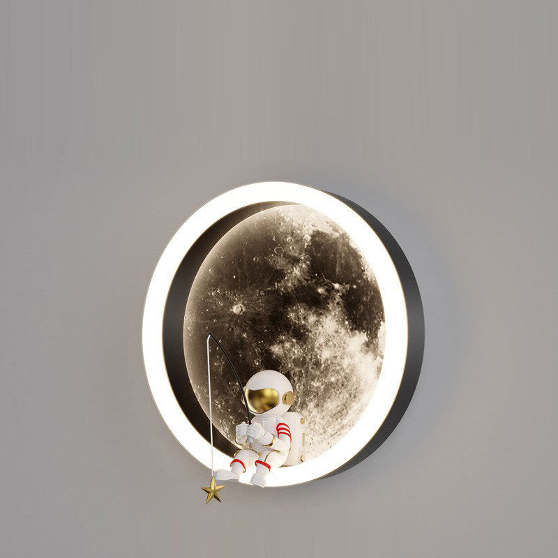 Contemporary Creative Round Space Astronaut Hardware Acrylic Shade LED Kids Wall Sconce Lamp For Bedroom Cuvalon