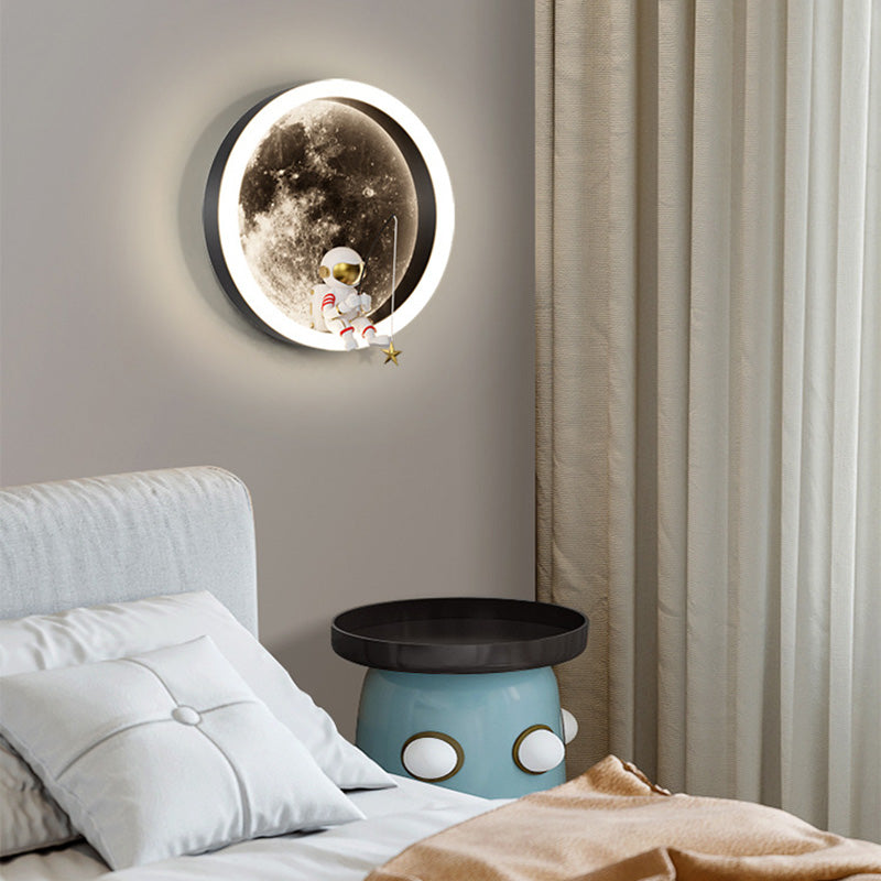 Contemporary Creative Round Space Astronaut Hardware Acrylic Shade LED Kids Wall Sconce Lamp For Bedroom Cuvalon