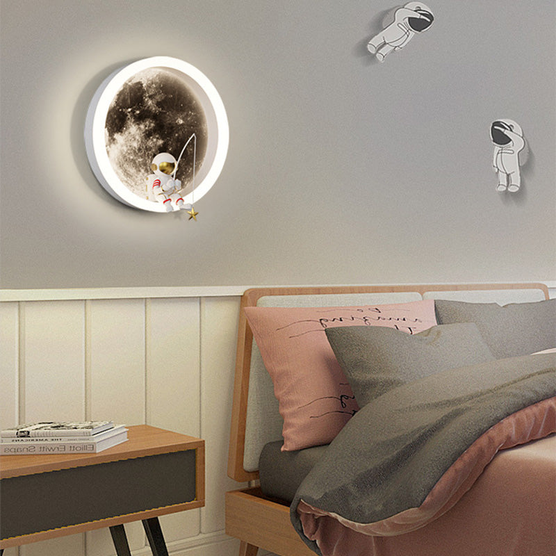 Contemporary Creative Round Space Astronaut Hardware Acrylic Shade LED Kids Wall Sconce Lamp For Bedroom Cuvalon