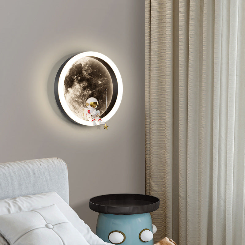 Contemporary Creative Round Space Astronaut Hardware Acrylic Shade LED Kids Wall Sconce Lamp For Bedroom Cuvalon