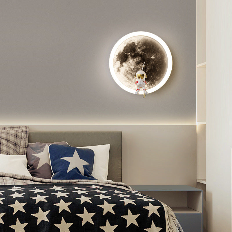 Contemporary Creative Round Space Astronaut Hardware Acrylic Shade LED Kids Wall Sconce Lamp For Bedroom Cuvalon