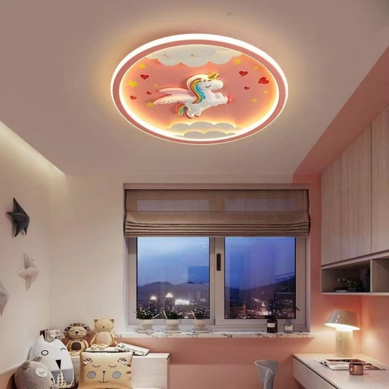 Contemporary Creative Kids Cartoon Airplane Unicorn Iron Acrylic Resin LED Flush Mount Ceiling Light For Bedroom Cuvalon