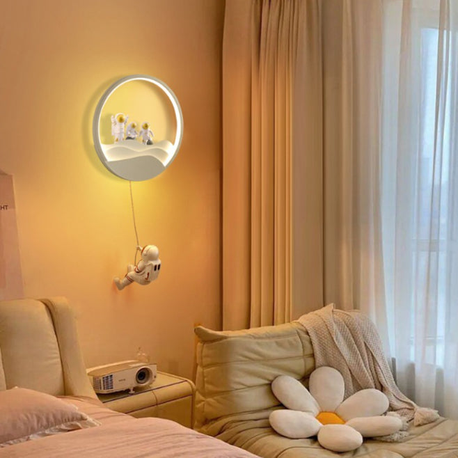 Contemporary Creative Kids Astronaut Rotating Lunar Eclipse Silicone Resin Aluminum LED Wall Sconce Lamp For Bedroom Cuvalon