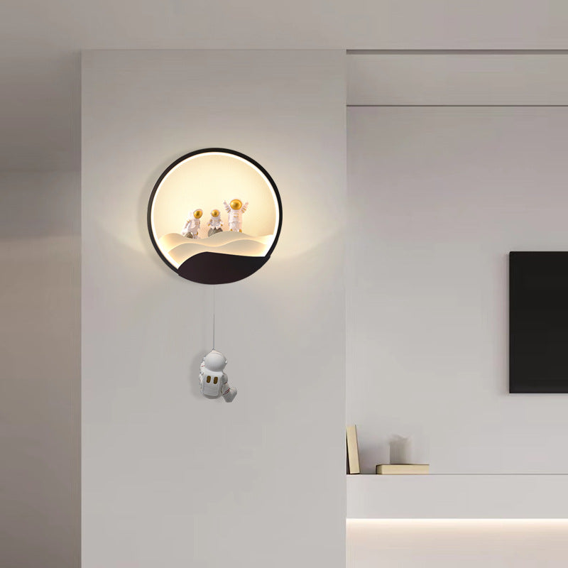 Contemporary Creative Kids Astronaut Rotating Lunar Eclipse Silicone Resin Aluminum LED Wall Sconce Lamp For Bedroom Cuvalon