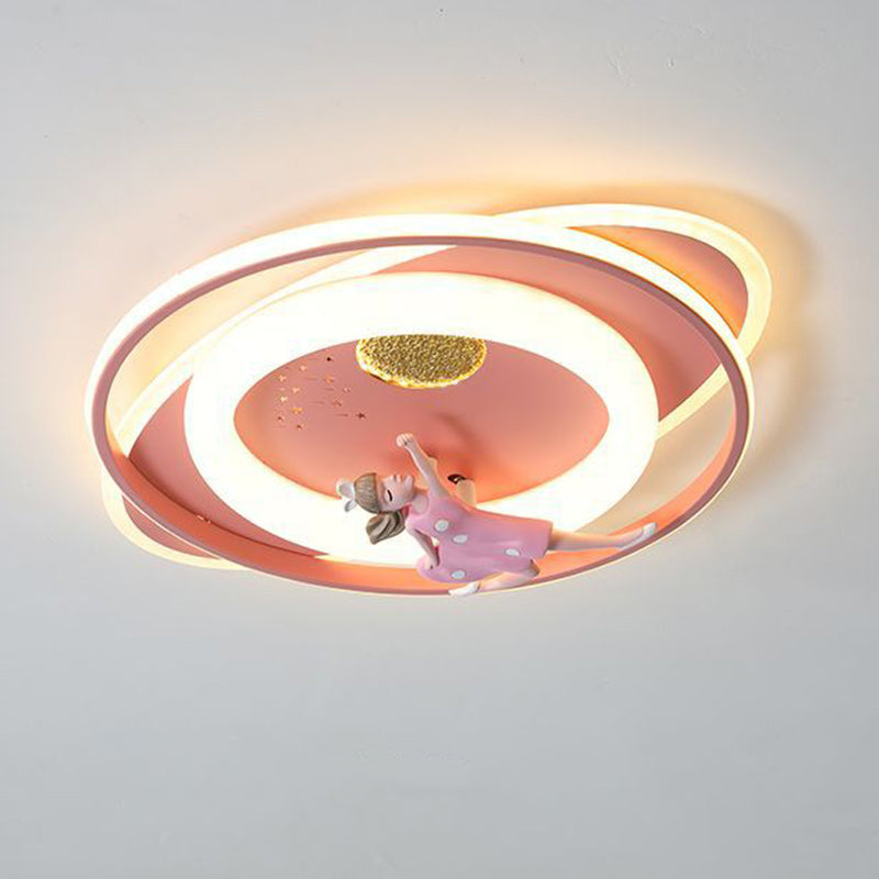 Contemporary Creative Cartoon Kids Astronaut Rocket Princess Round Oval Iron Acrylic LED Flush Mount Ceiling Light For Bedroom Cuvalon