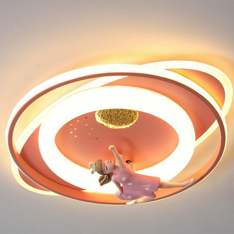 Contemporary Creative Cartoon Kids Astronaut Rocket Princess Round Oval Iron Acrylic LED Flush Mount Ceiling Light For Bedroom Cuvalon