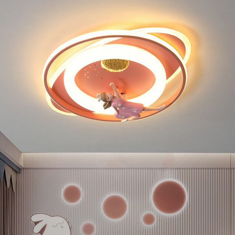 Contemporary Creative Cartoon Kids Astronaut Rocket Princess Round Oval Iron Acrylic LED Flush Mount Ceiling Light For Bedroom Cuvalon