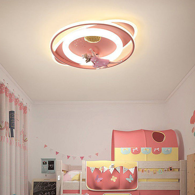 Contemporary Creative Cartoon Kids Astronaut Rocket Princess Round Oval Iron Acrylic LED Flush Mount Ceiling Light For Bedroom Cuvalon
