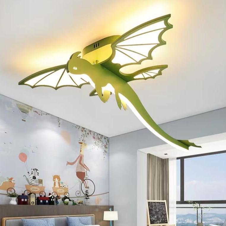 Contemporary Creative Cartoon Kids Dinosaur Oval Chassis Iron PVC Acrylic LED Semi-Flush Mount Ceiling Light Kids Light For Bedroom Cuvalon