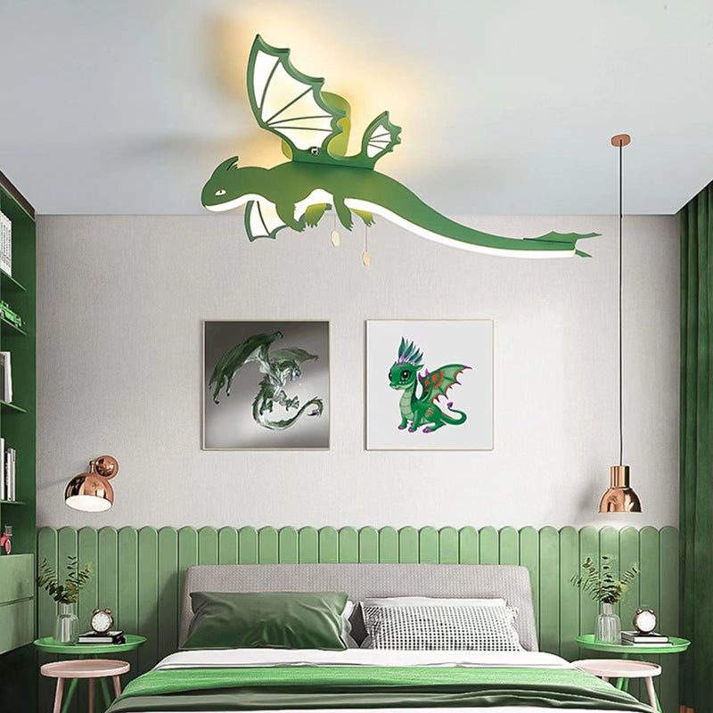 Contemporary Creative Cartoon Kids Dinosaur Oval Chassis Iron PVC Acrylic LED Semi-Flush Mount Ceiling Light Kids Light For Bedroom Cuvalon
