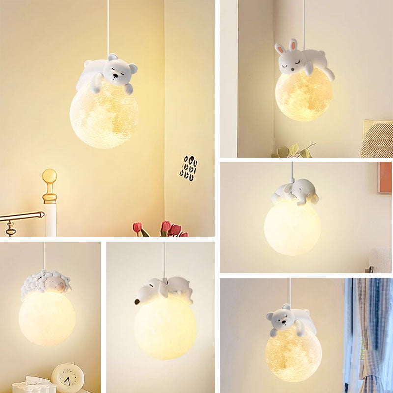 Modern Minimalist Cartoon Kids Moon Cute Animal Bear Rabbit Dog Elephant Sheep Resin Hardware PE 1-Light Pendant Light For Bedroom Cuvalon