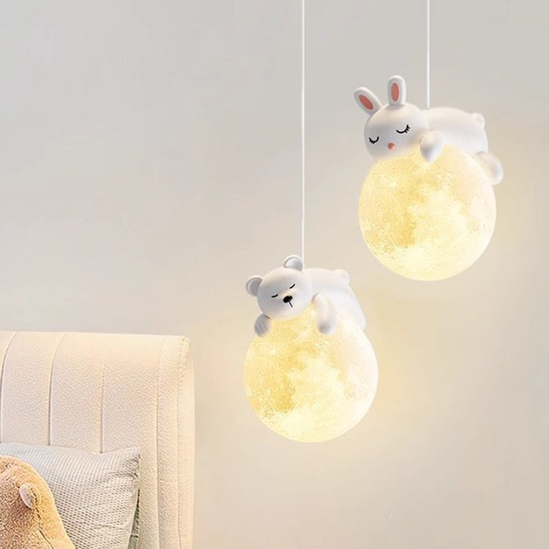 Modern Minimalist Cartoon Kids Moon Cute Animal Bear Rabbit Dog Elephant Sheep Resin Hardware PE 1-Light Pendant Light For Bedroom Cuvalon