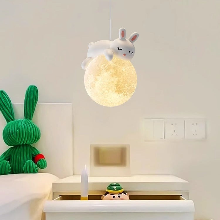 Modern Minimalist Cartoon Kids Moon Cute Animal Bear Rabbit Dog Elephant Sheep Resin Hardware PE 1-Light Pendant Light For Bedroom Cuvalon