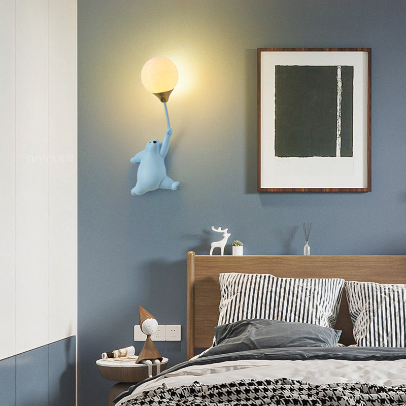 Contemporary Scandinavian Cartoon Kids Bear Balloon Resin PVC 1-Light Wall Sconce Lamp For Bedroom Cuvalon