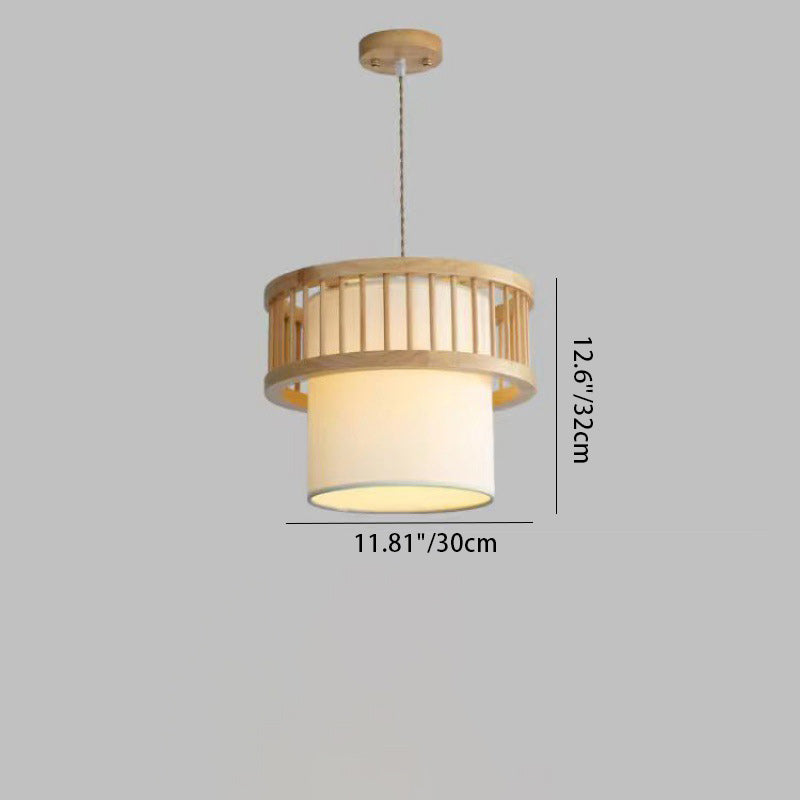 Traditional Japanese Wood Fabric Round Shade 1/4-Light Chandelier For Dining Room Cuvalon