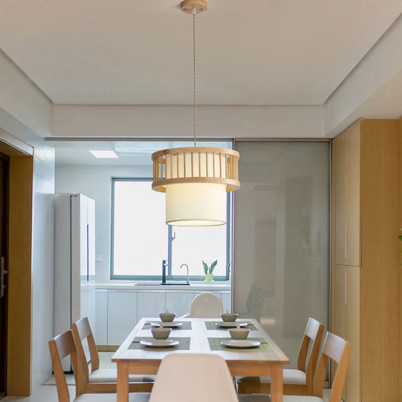 Traditional Japanese Wood Fabric Round Shade 1/4-Light Chandelier For Dining Room Cuvalon