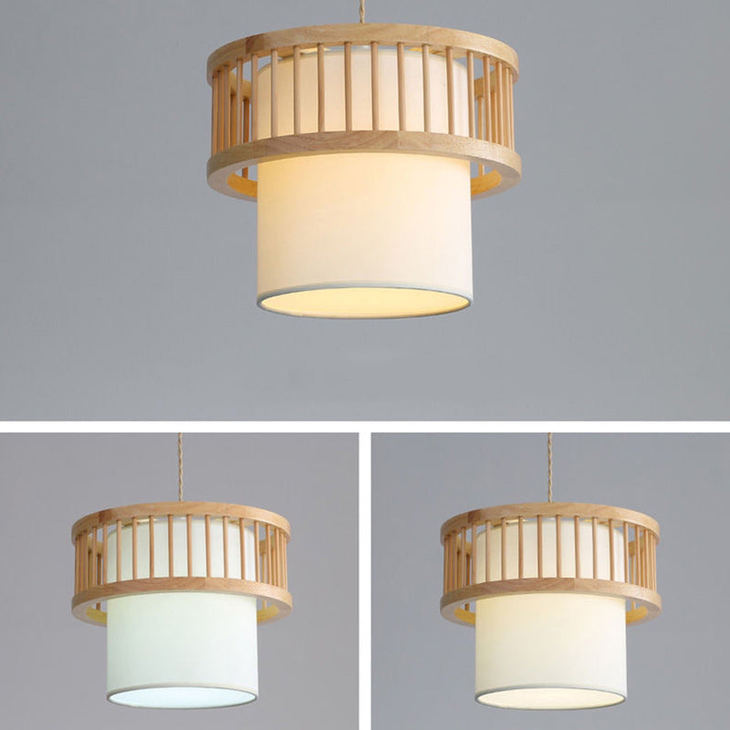 Traditional Japanese Wood Fabric Round Shade 1/4-Light Chandelier For Dining Room Cuvalon