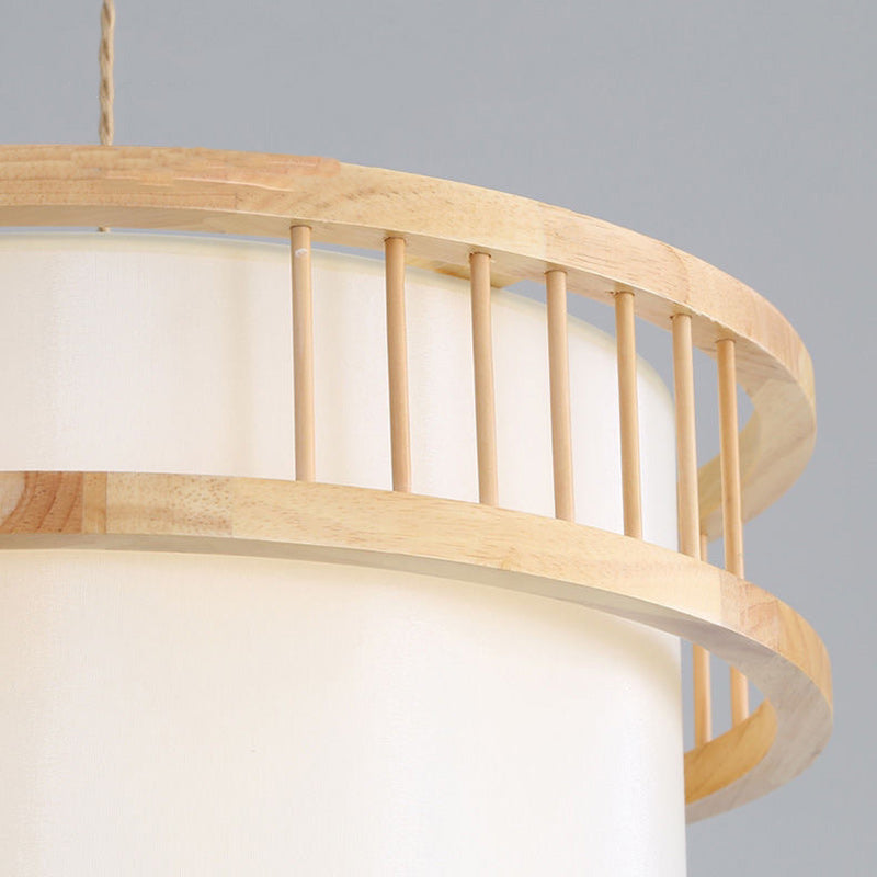 Traditional Japanese Wood Fabric Round Shade 1/4-Light Chandelier For Dining Room Cuvalon