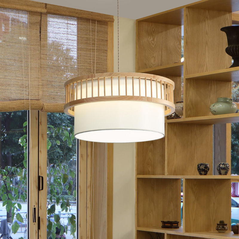 Traditional Japanese Wood Fabric Round Shade 1/4-Light Chandelier For Dining Room Cuvalon