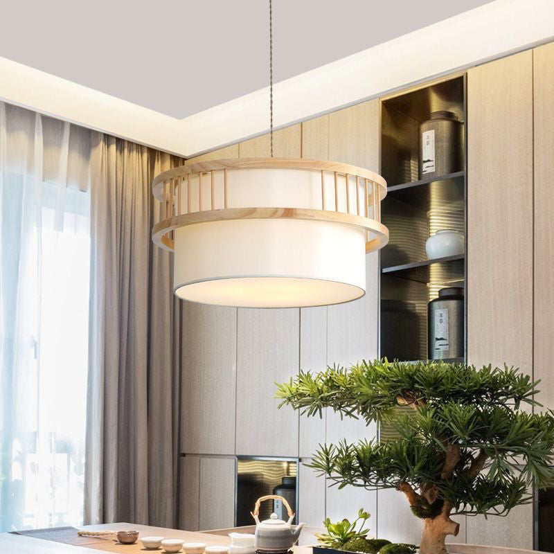 Traditional Japanese Wood Fabric Round Shade 1/4-Light Chandelier For Dining Room Cuvalon