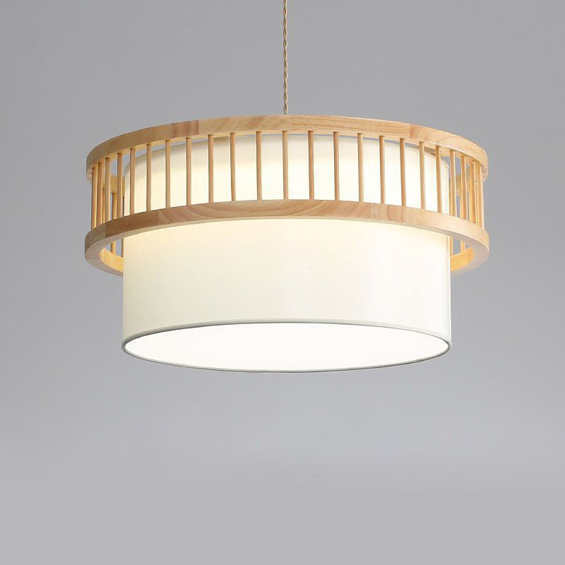 Traditional Japanese Wood Fabric Round Shade 1/4-Light Chandelier For Dining Room Cuvalon