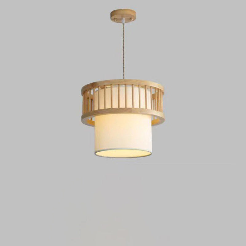 Traditional Japanese Wood Fabric Round Shade 1/4-Light Chandelier For Dining Room Cuvalon