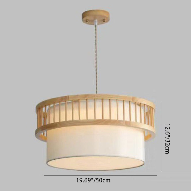 Traditional Japanese Wood Fabric Round Shade 1/4-Light Chandelier For Dining Room Cuvalon