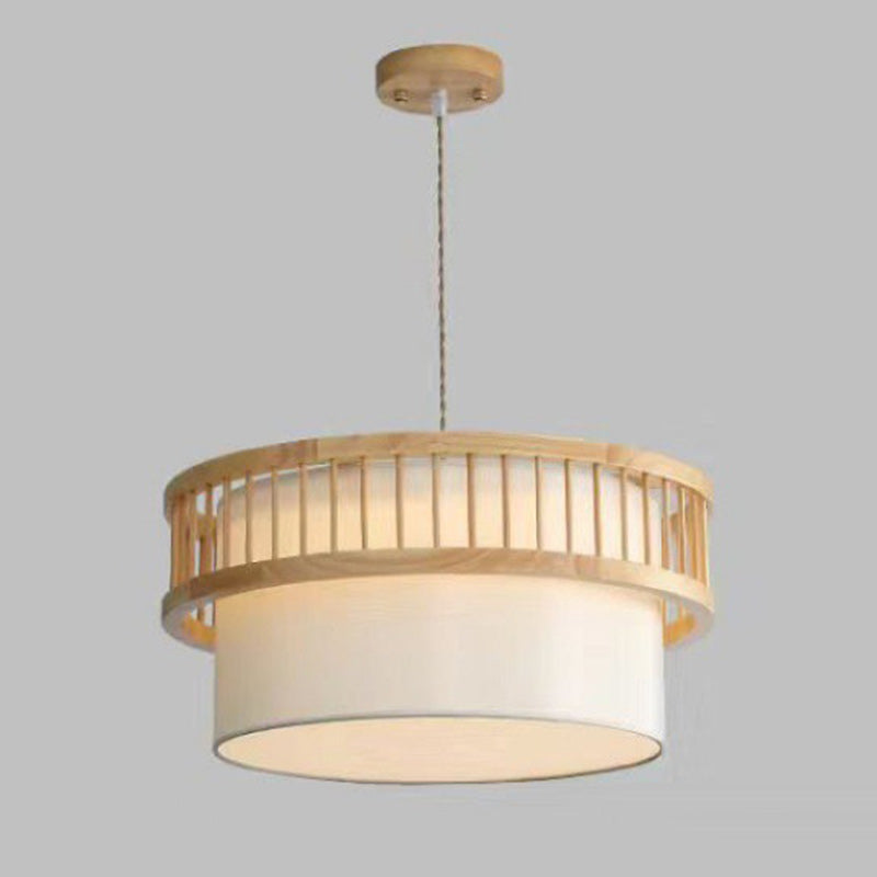 Traditional Japanese Wood Fabric Round Shade 1/4-Light Chandelier For Dining Room Cuvalon