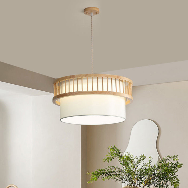 Traditional Japanese Wood Fabric Round Shade 1/4-Light Chandelier For Dining Room Cuvalon