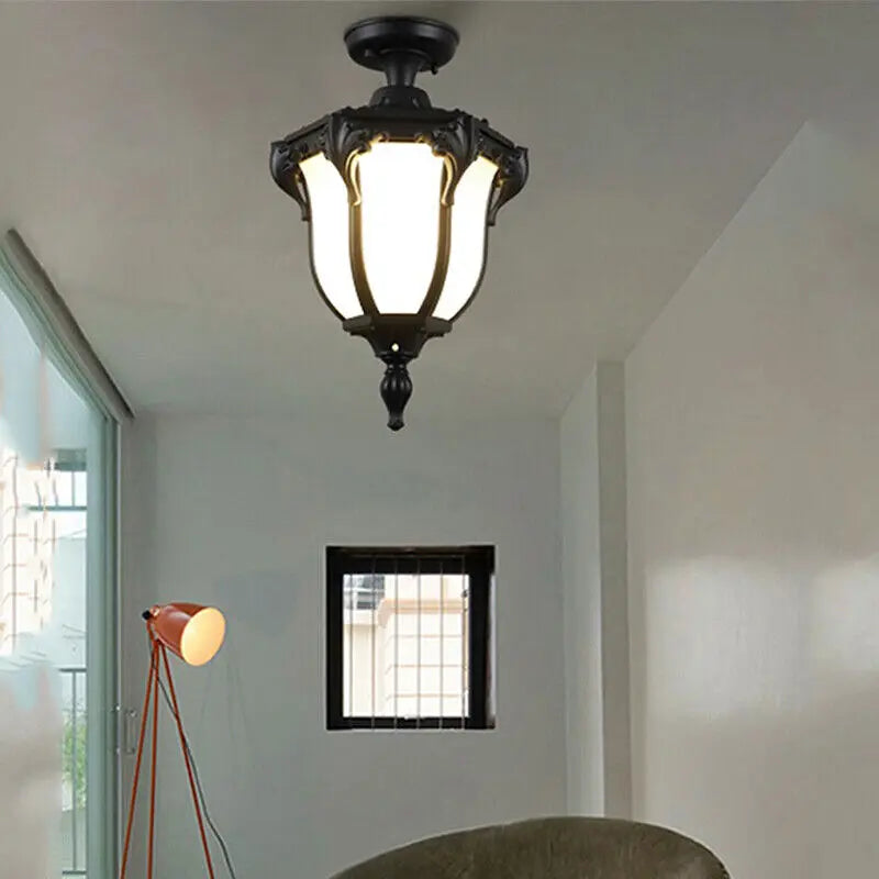 Traditional Vintage Aluminum Polygon Glass 1-Light Waterproof Outdoor Semi-Flush Mount Ceiling Light For Garden Cuvalon