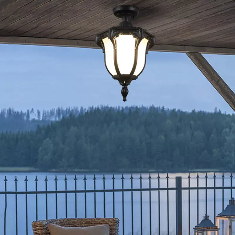 Traditional Vintage Aluminum Polygon Glass 1-Light Waterproof Outdoor Semi-Flush Mount Ceiling Light For Garden Cuvalon