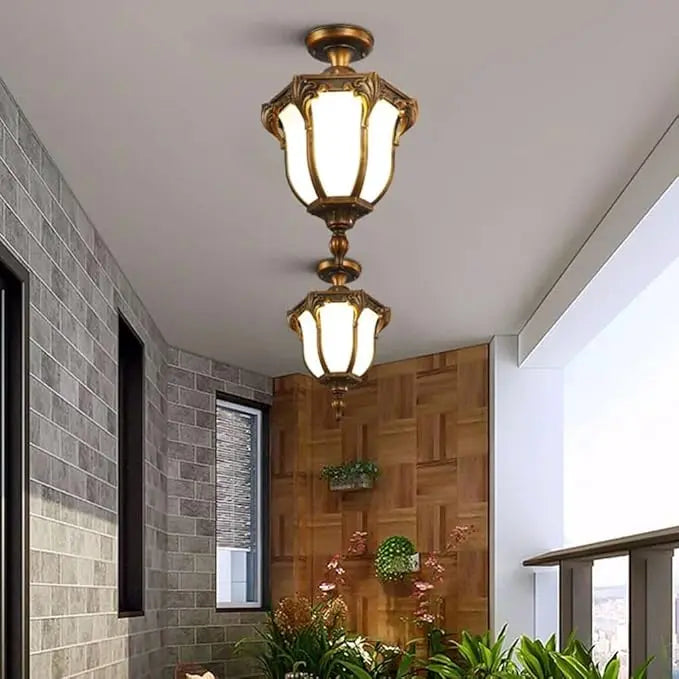 Traditional Vintage Aluminum Polygon Glass 1-Light Waterproof Outdoor Semi-Flush Mount Ceiling Light For Garden Cuvalon