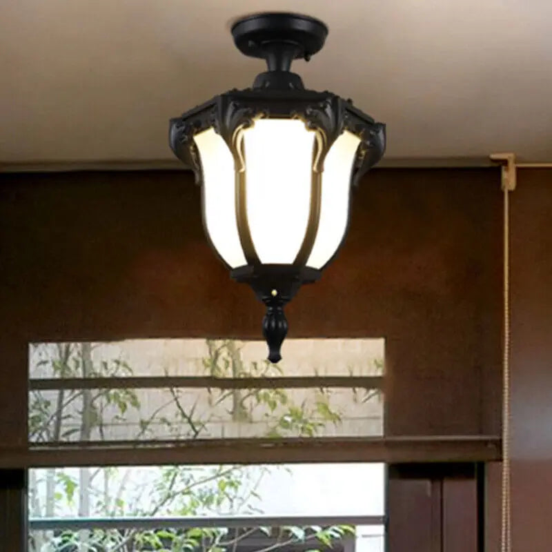 Traditional Vintage Aluminum Polygon Glass 1-Light Waterproof Outdoor Semi-Flush Mount Ceiling Light For Garden Cuvalon