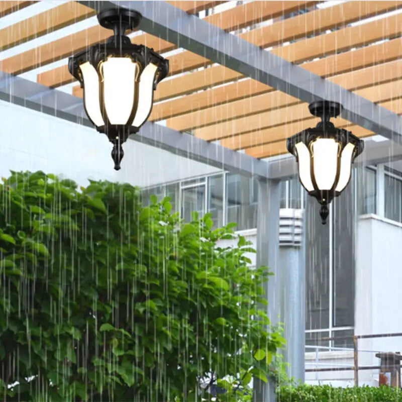 Traditional Vintage Aluminum Polygon Glass 1-Light Waterproof Outdoor Semi-Flush Mount Ceiling Light For Garden Cuvalon