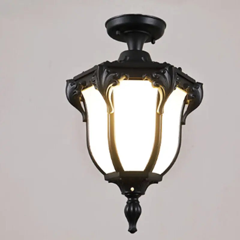 Traditional Vintage Aluminum Polygon Glass 1-Light Waterproof Outdoor Semi-Flush Mount Ceiling Light For Garden Cuvalon