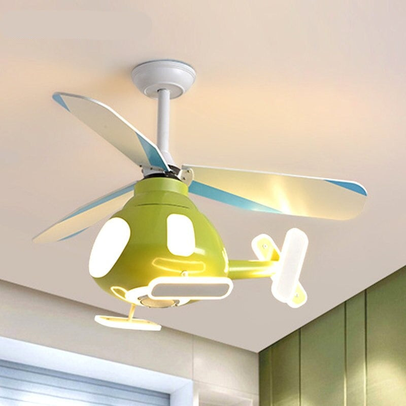 Contemporary Creative Cartoon Helicopter Iron Acrylic LED Kids Downrods Ceiling Fan Light For Bedroom Cuvalon