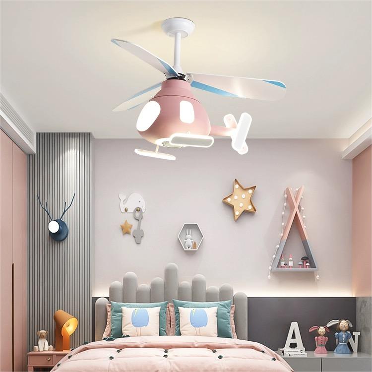 Contemporary Creative Cartoon Helicopter Iron Acrylic LED Kids Downrods Ceiling Fan Light For Bedroom Cuvalon