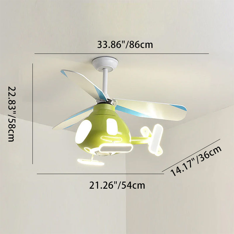 Contemporary Creative Cartoon Helicopter Iron Acrylic LED Kids Downrods Ceiling Fan Light For Bedroom Cuvalon