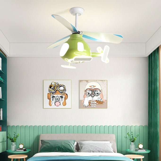 Contemporary Creative Cartoon Helicopter Iron Acrylic LED Kids Downrods Ceiling Fan Light For Bedroom Cuvalon