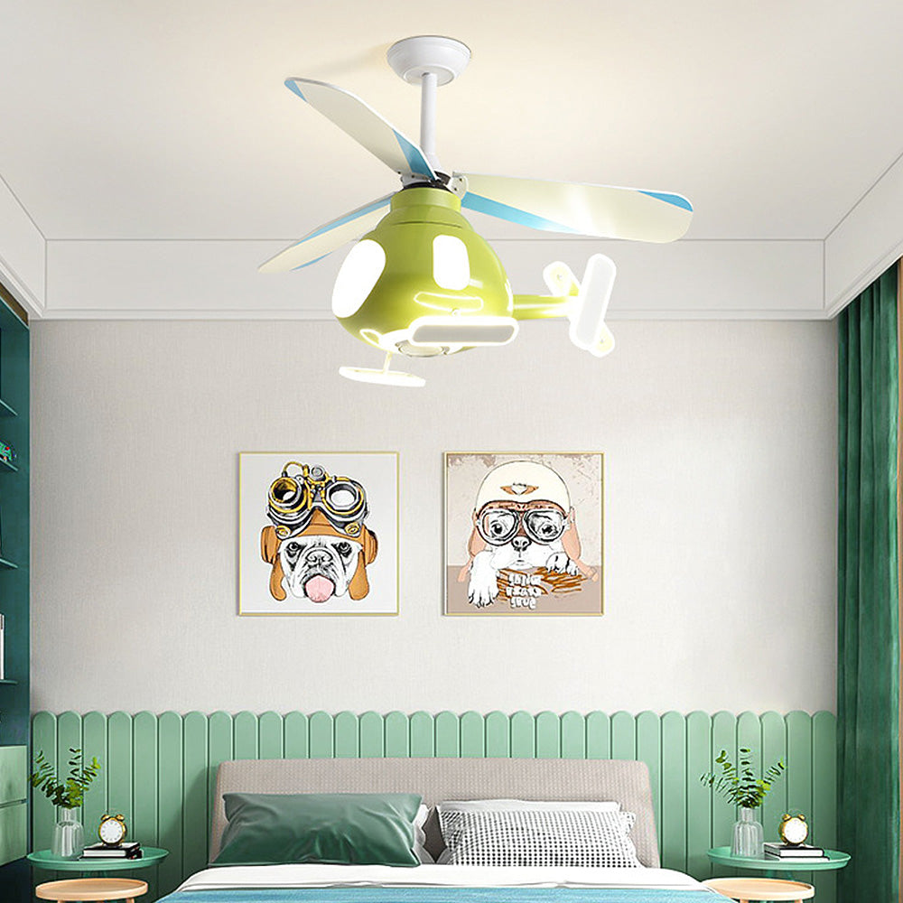 Contemporary Creative Cartoon Helicopter Iron Acrylic LED Kids Downrods Ceiling Fan Light For Bedroom Cuvalon