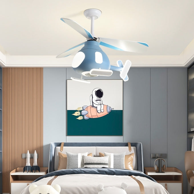 Contemporary Creative Cartoon Helicopter Iron Acrylic LED Kids Downrods Ceiling Fan Light For Bedroom Cuvalon