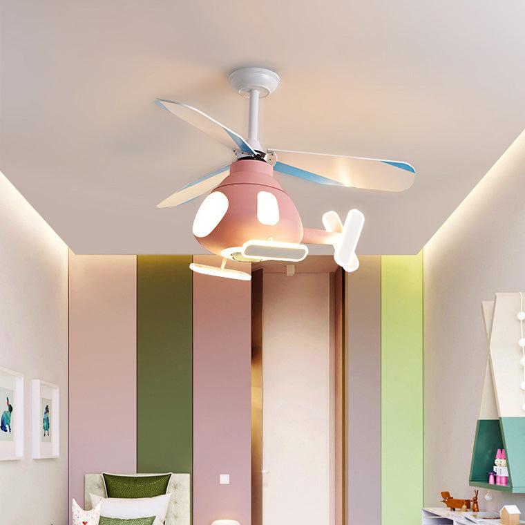 Contemporary Creative Cartoon Helicopter Iron Acrylic LED Kids Downrods Ceiling Fan Light For Bedroom Cuvalon