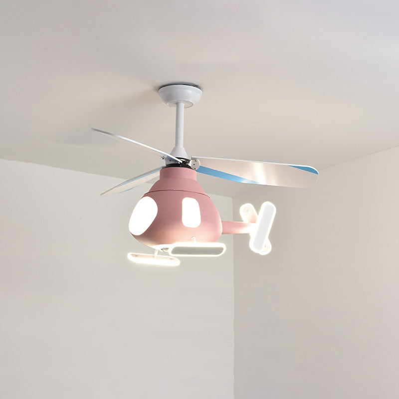Contemporary Creative Cartoon Helicopter Iron Acrylic LED Kids Downrods Ceiling Fan Light For Bedroom Cuvalon