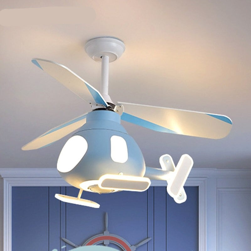 Contemporary Creative Cartoon Helicopter Iron Acrylic LED Kids Downrods Ceiling Fan Light For Bedroom Cuvalon